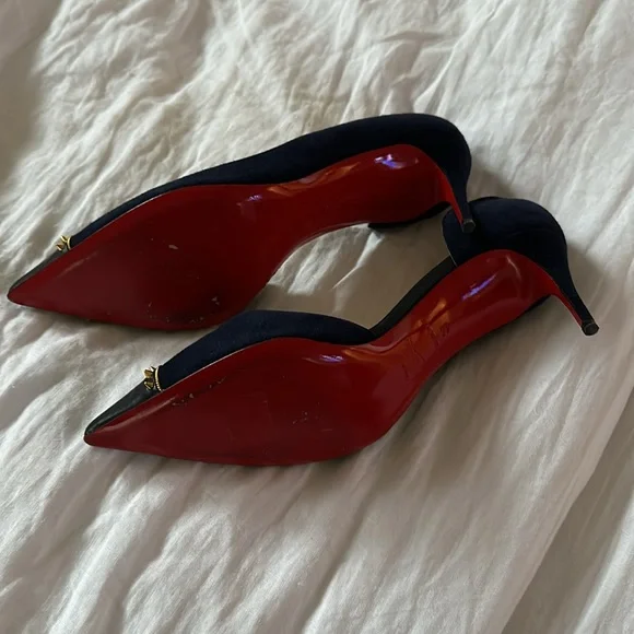 Louboutin Culturella d’Orsy Heels Navy Suede & Leather Tip Gold Stud - Picture 2 of 10